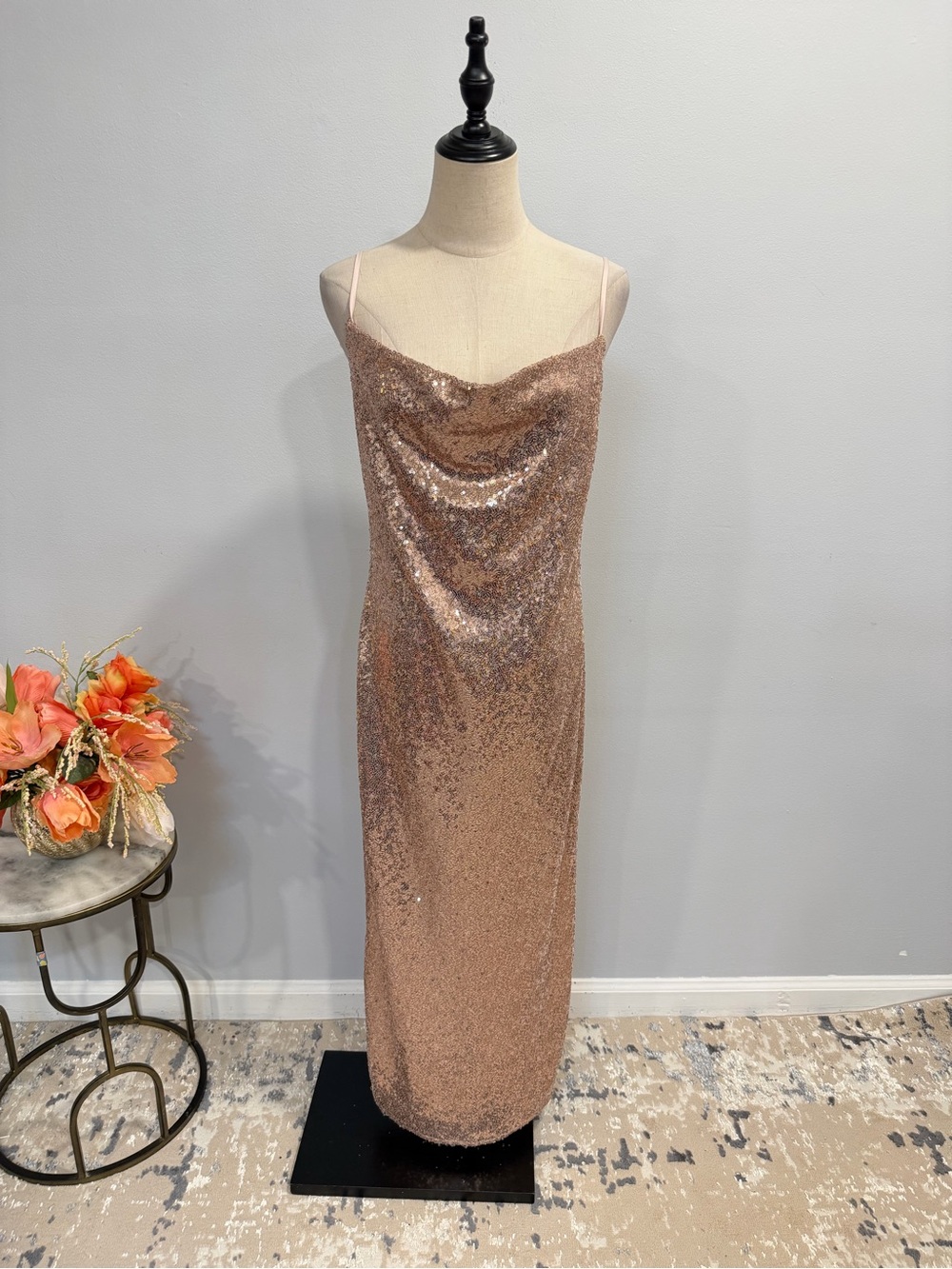Kenneth Cole Rose Gold Sequin Cowl Neck Sleeveless Slip Dress - Size Small - Picture 2 of 16